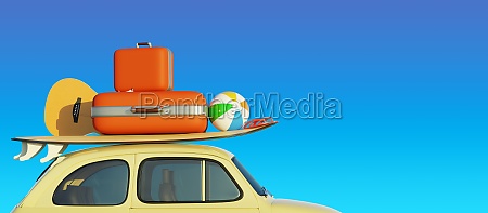Retro small car with a surfboard and travel suitcases in front of a blue sky background,  tourism concept,  3d rendering