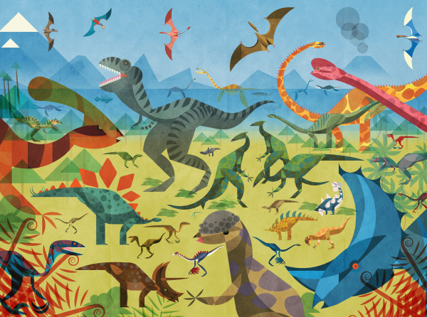wiele roznych dinozaurow w kolorowej scenie