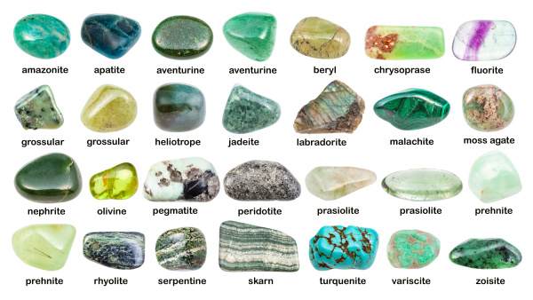 Set of Various Green Gemstones with Names Isolated Stock Image