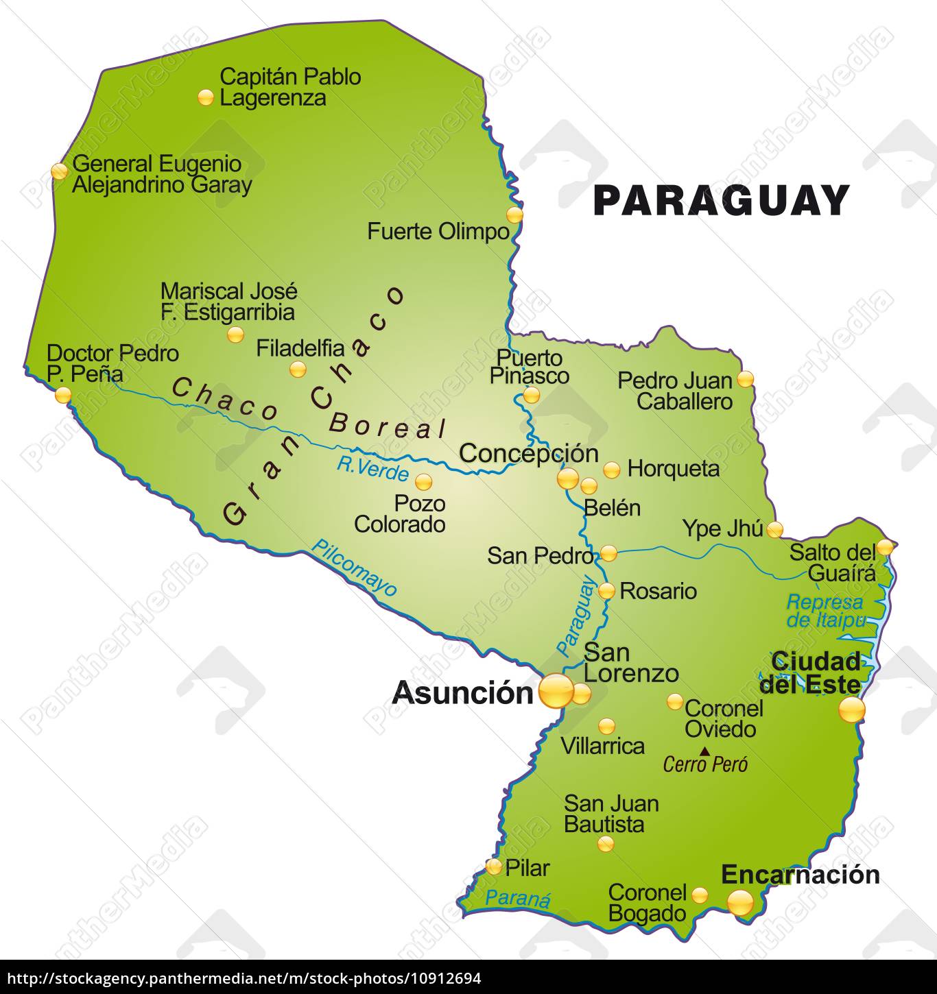 Map of Paraguay as overview map in green Stock image 10912694